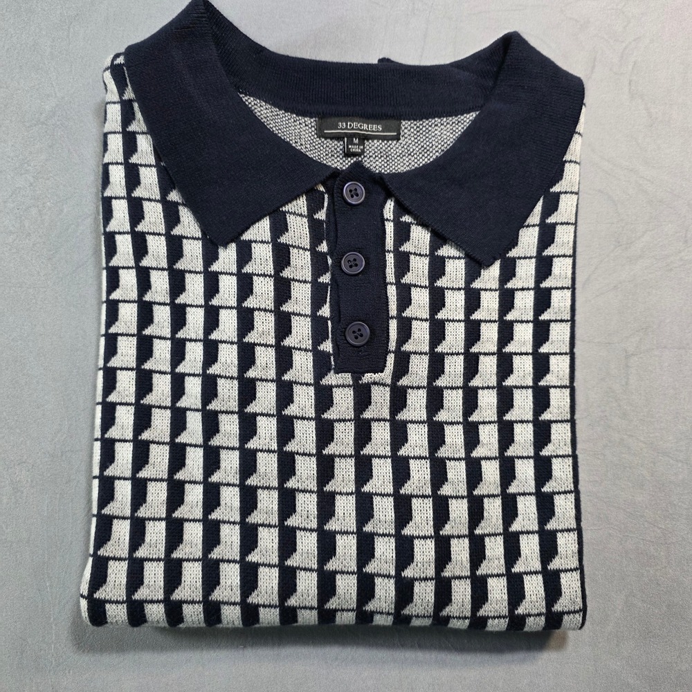 33 Degrees Mens Navy Blue White Geometric Knit Cotton Sweater Polo Shirt Medium